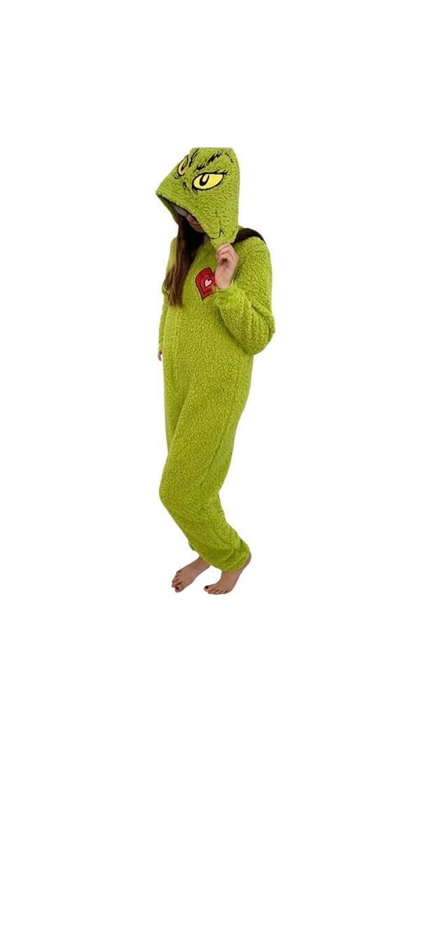 The Grinch Women's Fuzzy Plush Warm Holiday Hooded Union Suit Pajamas Size L (12